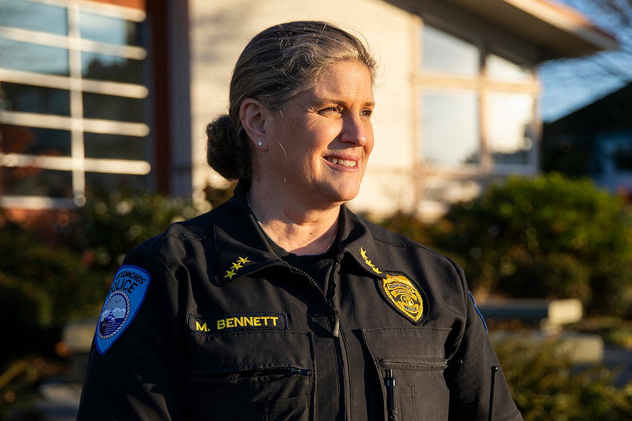 Edmonds Police Chief Michelle Bennett outside of the Police Department on Wednesday, Dec. 11, 2024 in Edmonds, Washington. (Olivia Vanni / The Herald)