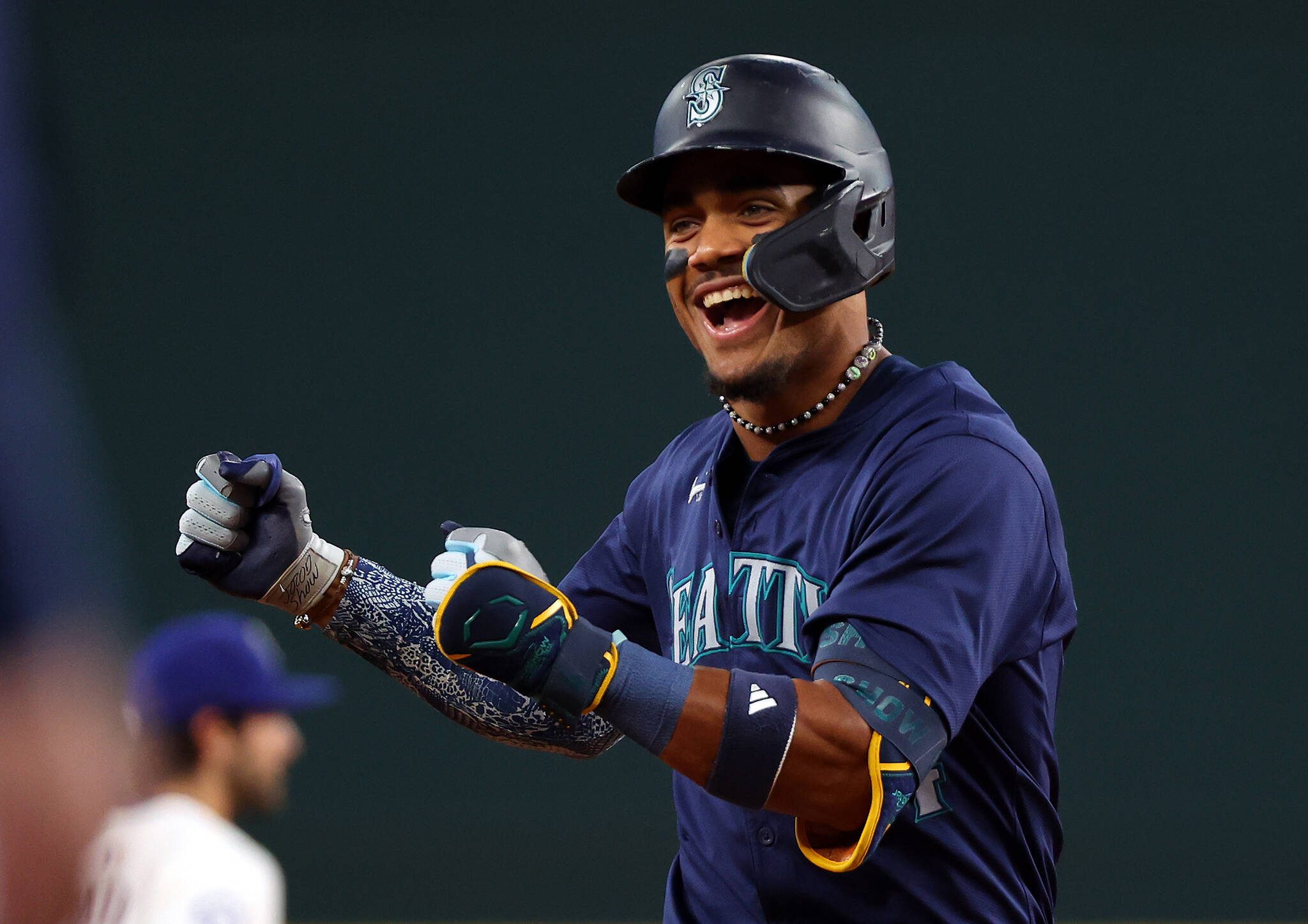 Julio Rodriguez of the Seattle Mariners runs the bases after a leadoff home run against the Texas Rangers in the first inning at Globe Life Field on Saturday, Sept. 21, 2024, in Arlington, Texas. (Richard Rodriguez / Getty Images / Tribune News Services)