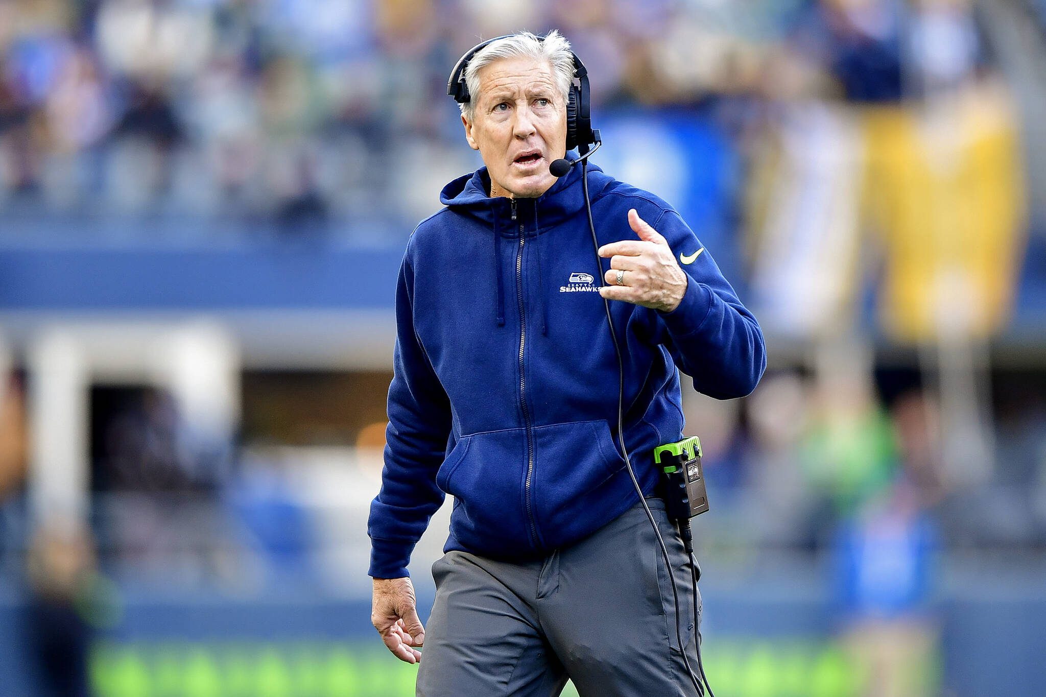 Head coach Pete Carroll of the Seattle Seahawks looks on during the first half against the Pittsburgh Steelers at Lumen Field on Dec. 31, 2023, in Seattle. (Jane Gershovich / Getty Images / Tribune News Services)