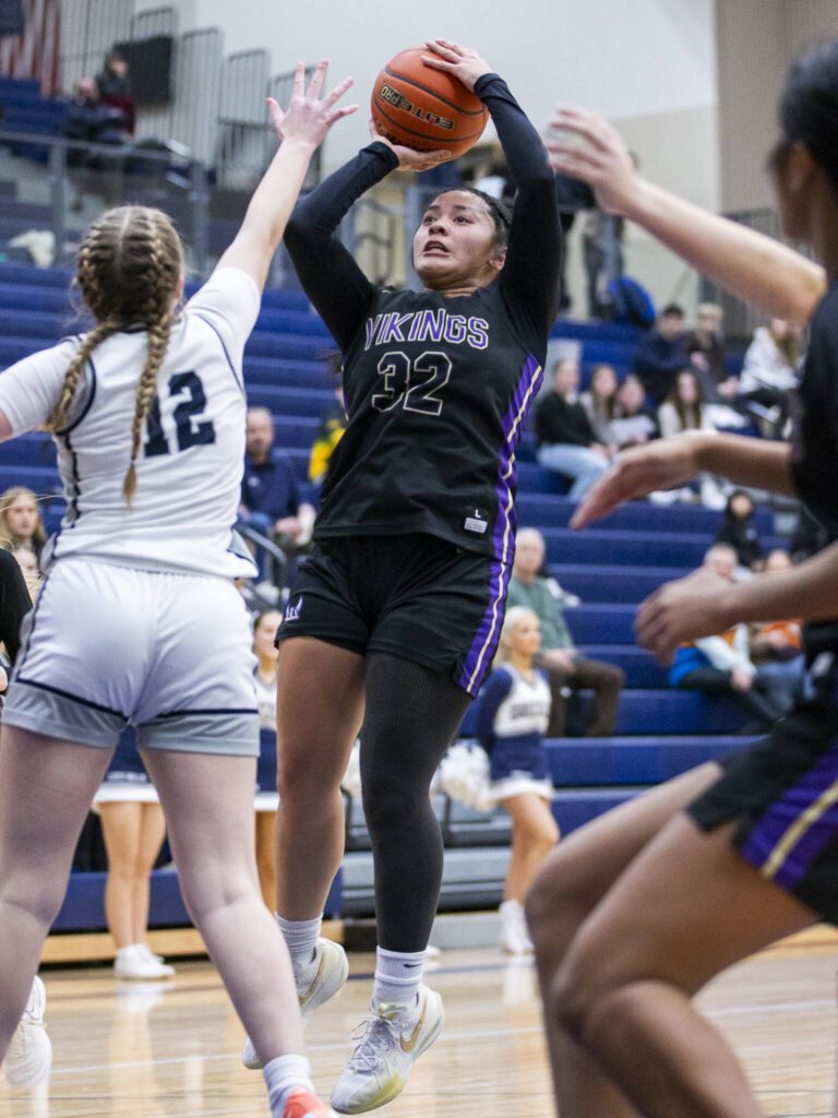 Lake Stevens’ Keira Isabelle Tupua makes a jump shot during the game against Glacier Peak on Friday, Jan. 24, 2025 in Snohomish, Washington. (Olivia Vanni / The Herald)
