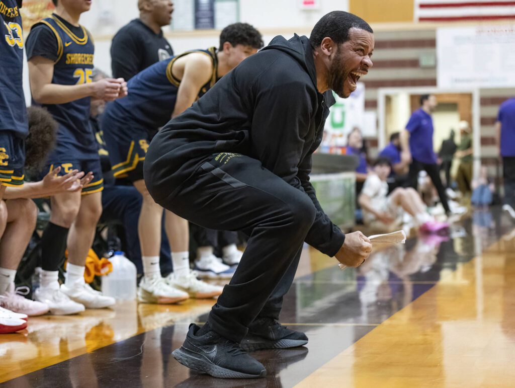 Shorecrest head coach Eddie George reacts to a foul called on one of his players during the game against Edmonds-Woodway on Tuesday, Jan. 28, 2025 in Edmonds, Washington. (Olivia Vanni / The Herald)
