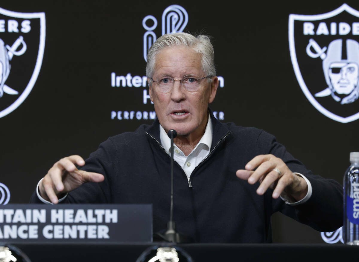 Pete Carroll speaks after being introduced as the new Raiders head coach during a press conference at the Intermountain Health Performance Center, on Monday, Jan. 27, 2025, in Henderson, Nev. (Bizuayehu Tesfaye / Las Vegas Review-Journal / Tribune News Services)