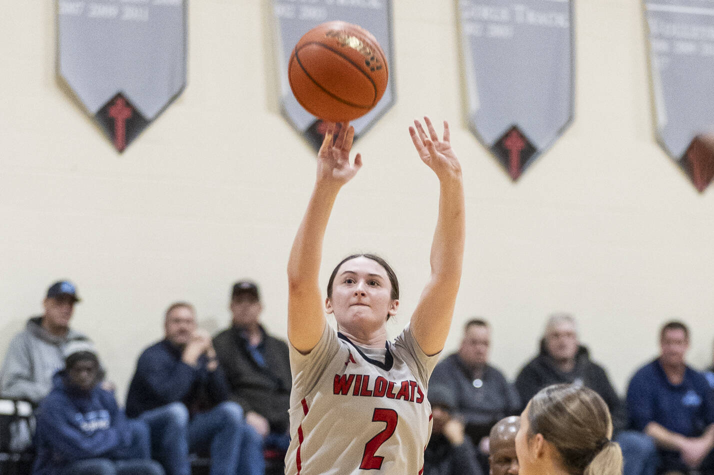 Archbishop Murphy’s Brooke Blachly makes a 3-point shot during the game against Meadowdale on Thursday, Jan. 30, 2025 in Everett, Washington. (Olivia Vanni / The Herald)