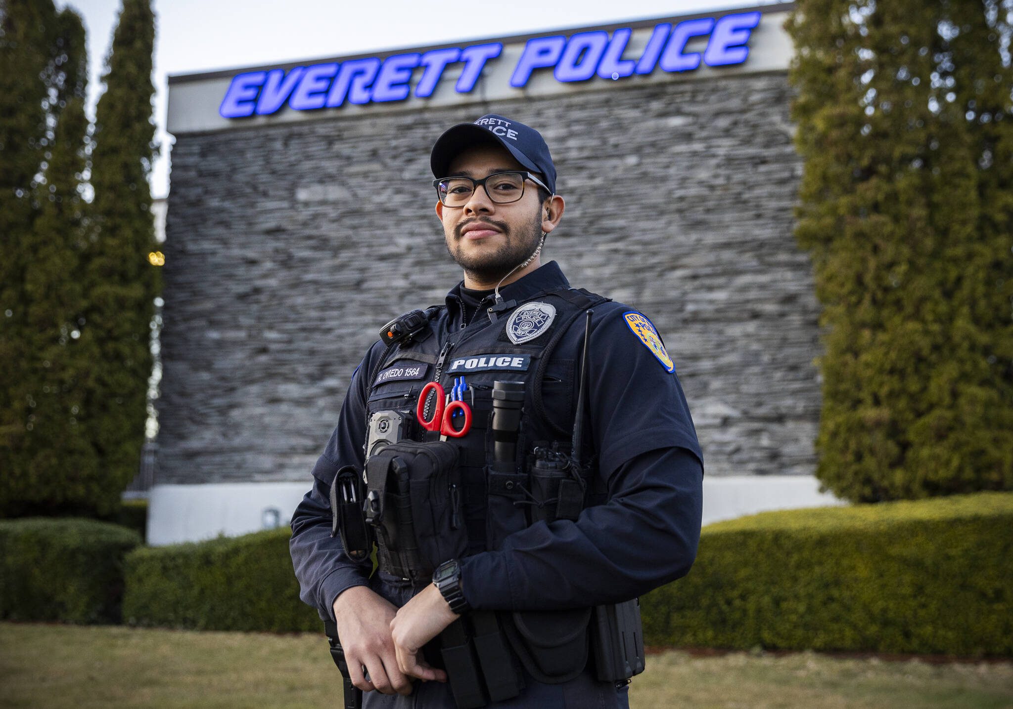 Everett Police Officer Ruben Oviedo outside of the south precinct on Tuesday, March 4, 2025 in Everett, Washington. (Olivia Vanni / The Herald)