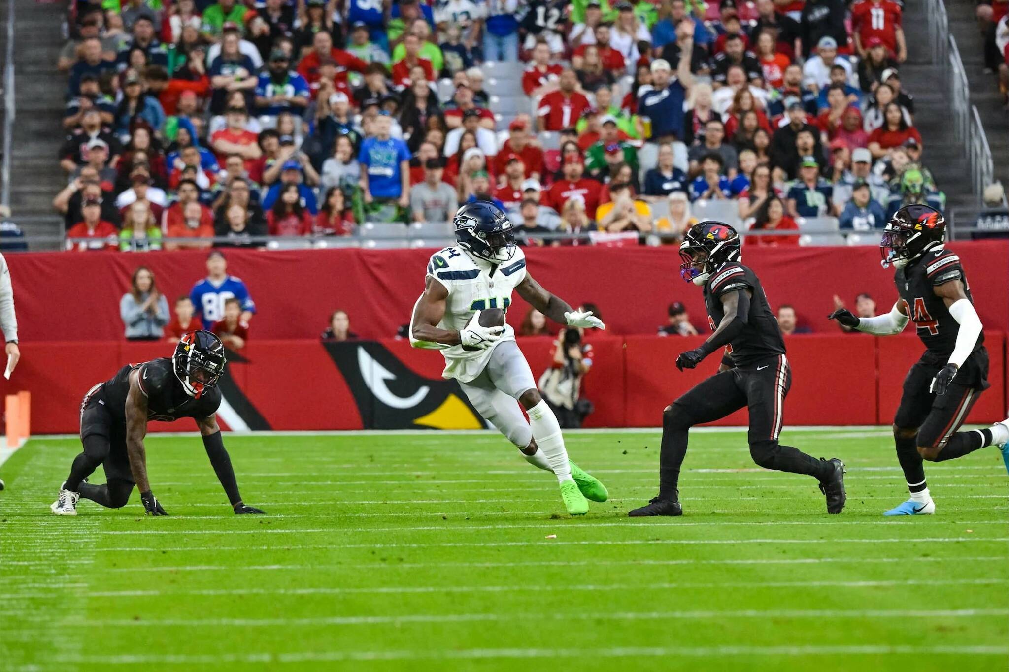 Seahawks receiver DK Metcalf (14) runs with the ball against the Arizona Cardinals at State Farm Stadium on Sunday, Dec. 8, 2024. (Photo courtesy of Edwin Hooper / Seattle Seahawks)