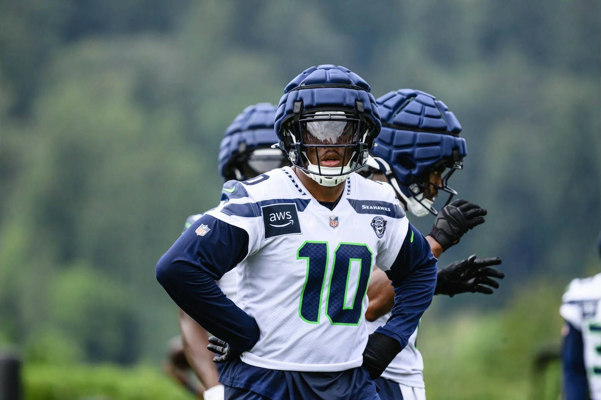 Seahawks linebacker Uchenna Nwosu (10), who will switch to No. 7, practices at the Virginia Mason Athletic Center in Renton on August, 21, 2024.